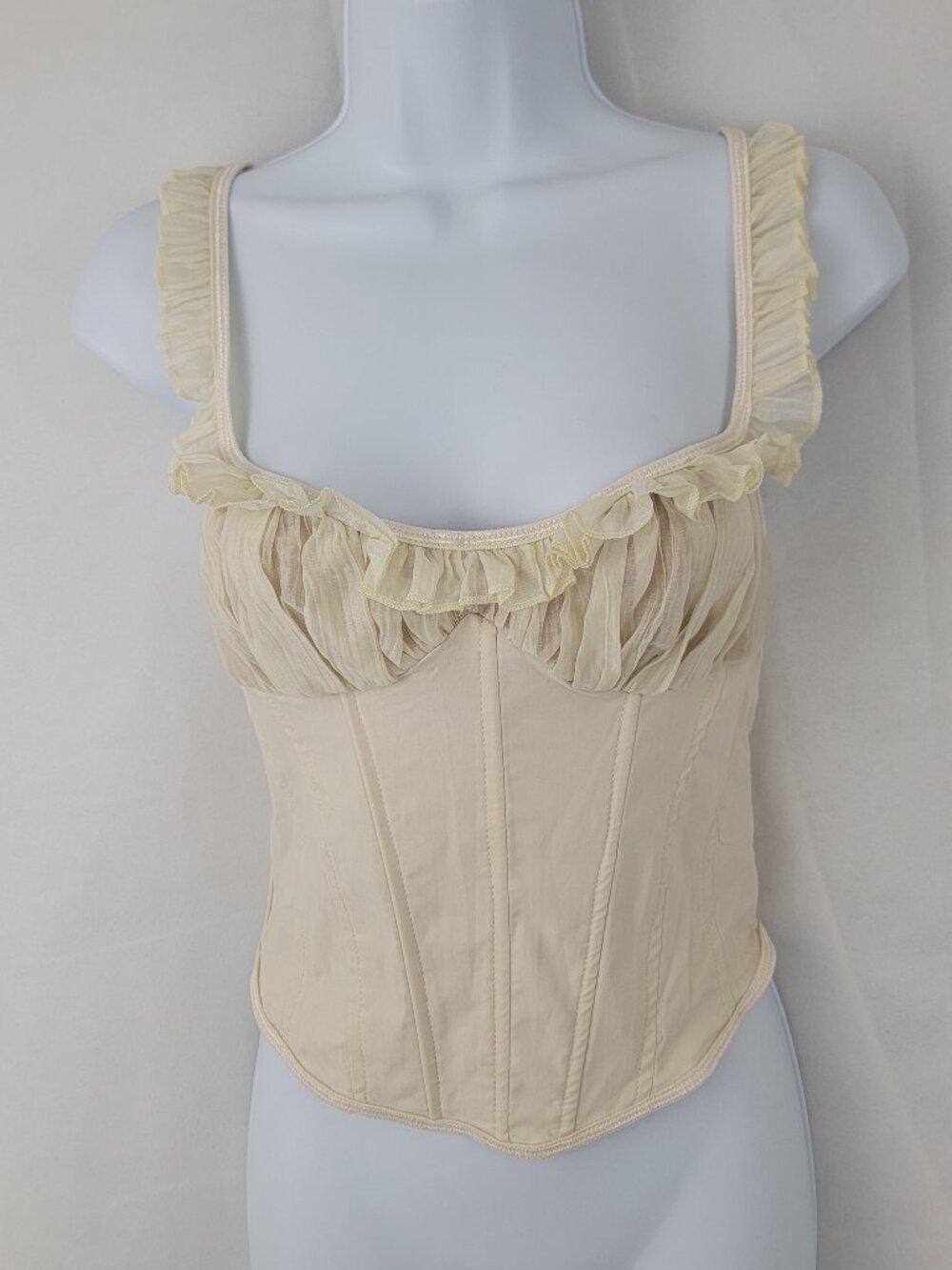 SHEIN Womens Bustier Top Sz M Corset Lace Up Back Ruffle Milkmaid BEIGE Stretch